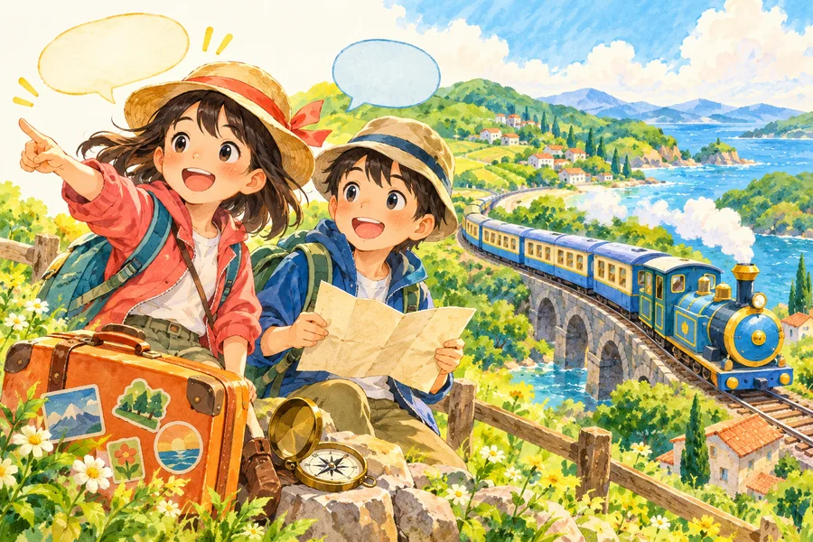 旅の列車と一緒にことばを探す子どもたちのイラスト